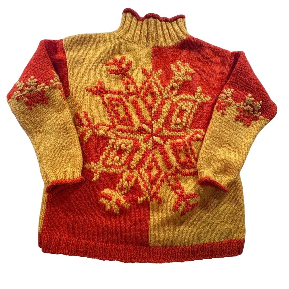Express Tricot Vintage Wool Sweater Womens Medium Orange Yellow Snowflake Knit